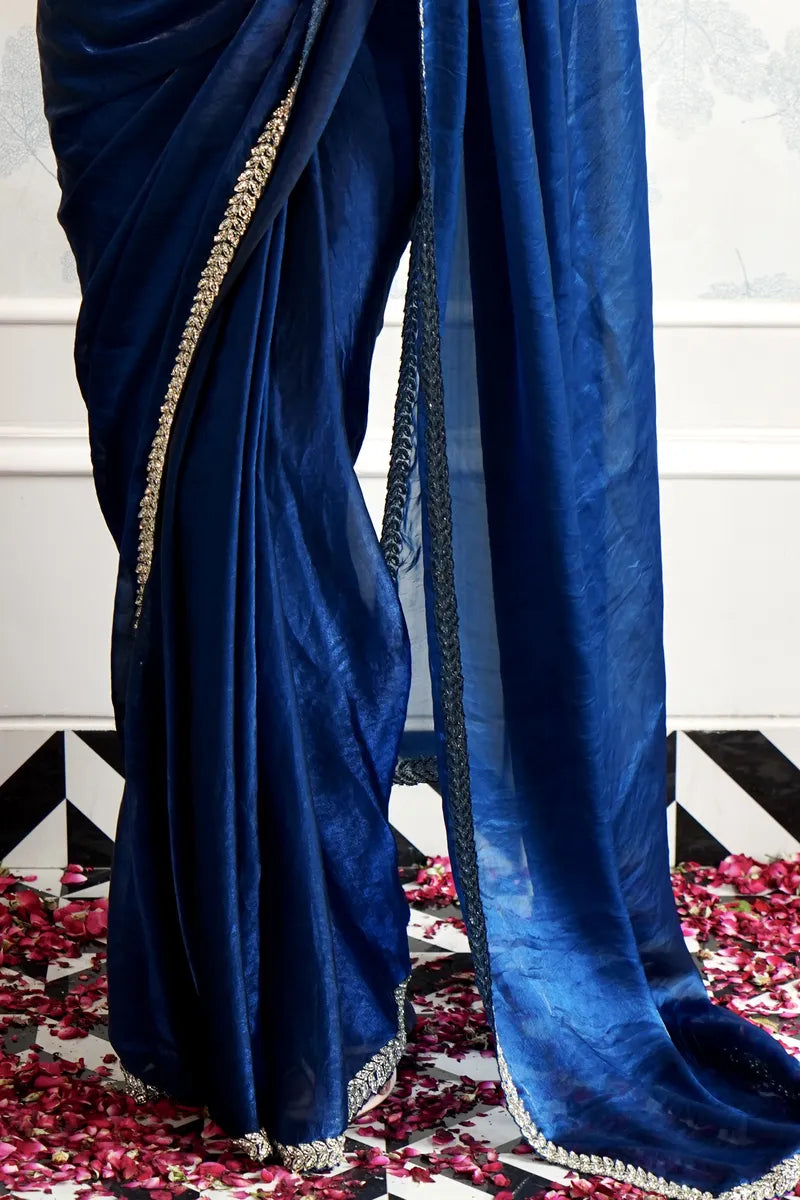 RICH BLUE COLOR READY BLOUSE CREPE SILK SAREE