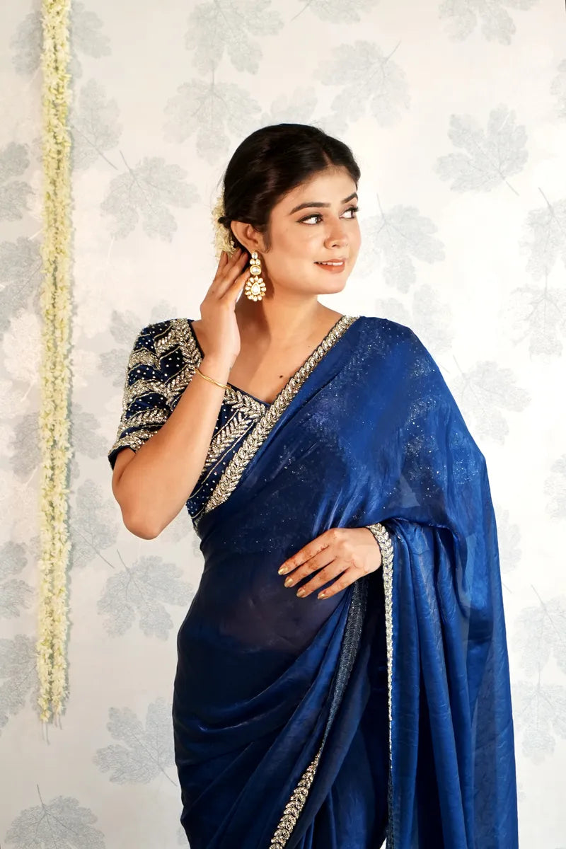 RICH BLUE COLOR READY BLOUSE CREPE SILK SAREE