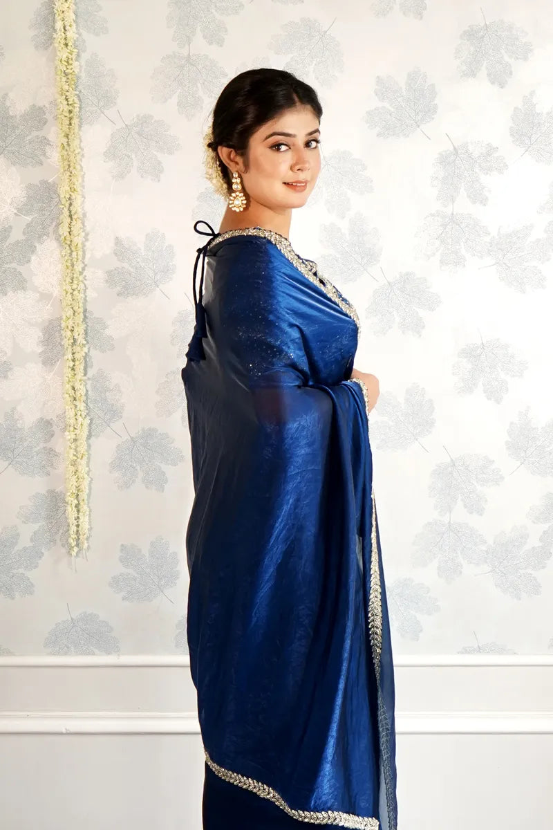 RICH BLUE COLOR READY BLOUSE CREPE SILK SAREE