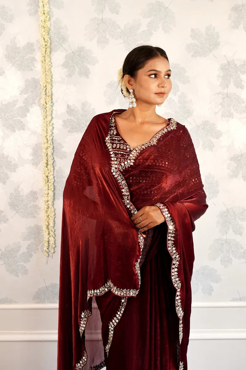 MAROON COLOR READY BLOUSE CREPE SILK SAREE