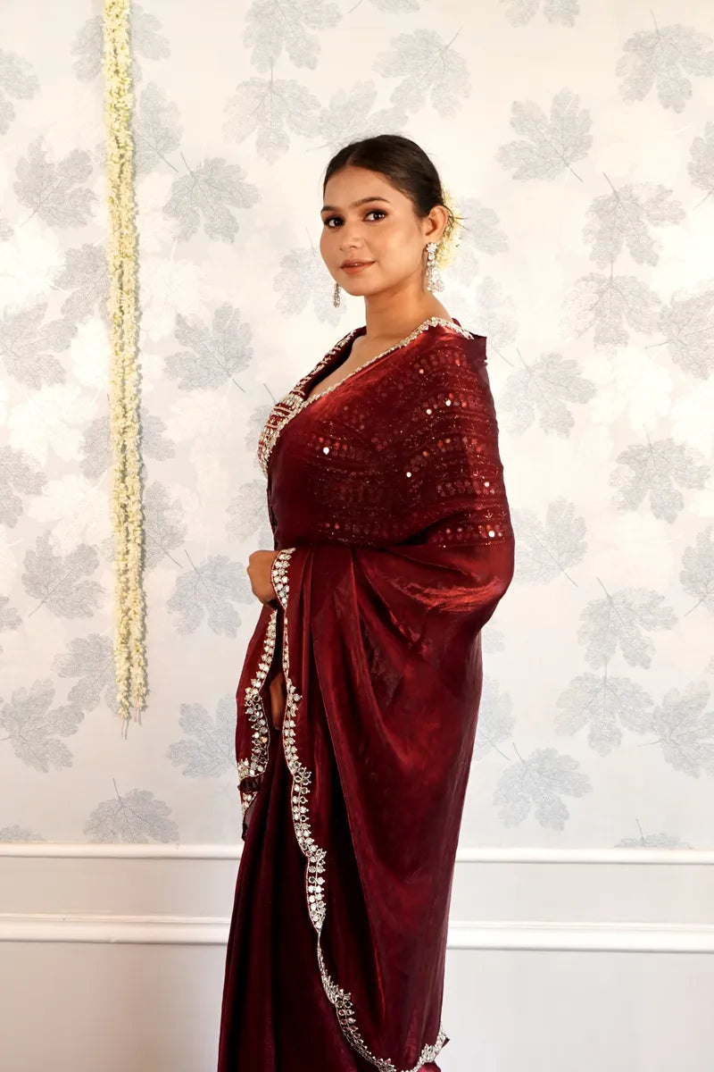 MAROON COLOR READY BLOUSE CREPE SILK SAREE