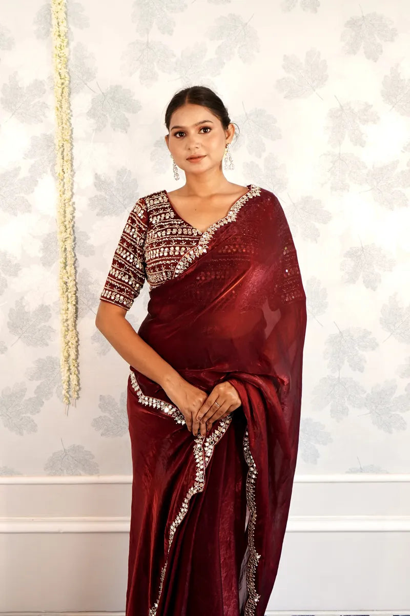 MAROON COLOR READY BLOUSE CREPE SILK SAREE
