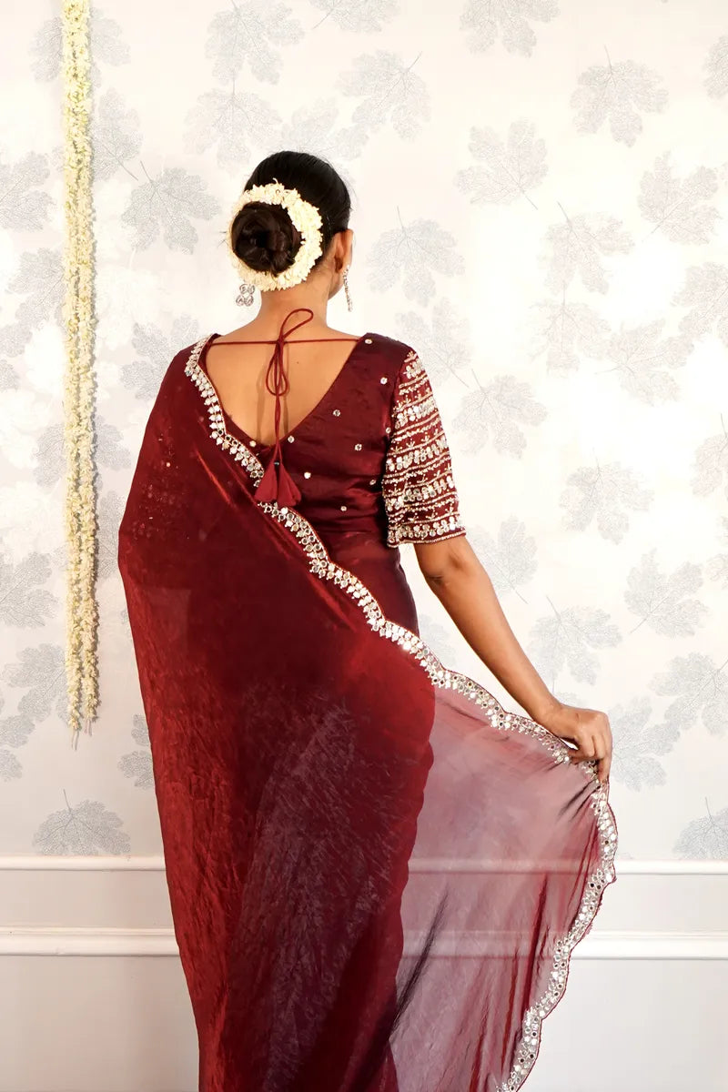 MAROON COLOR READY BLOUSE CREPE SILK SAREE