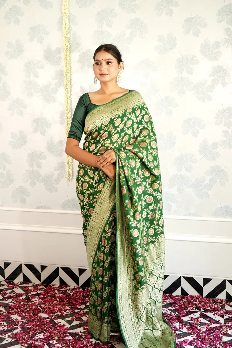 BOTTLE GREEN COLOR PURE HANDLOOM KHADDI SILK SAREE
