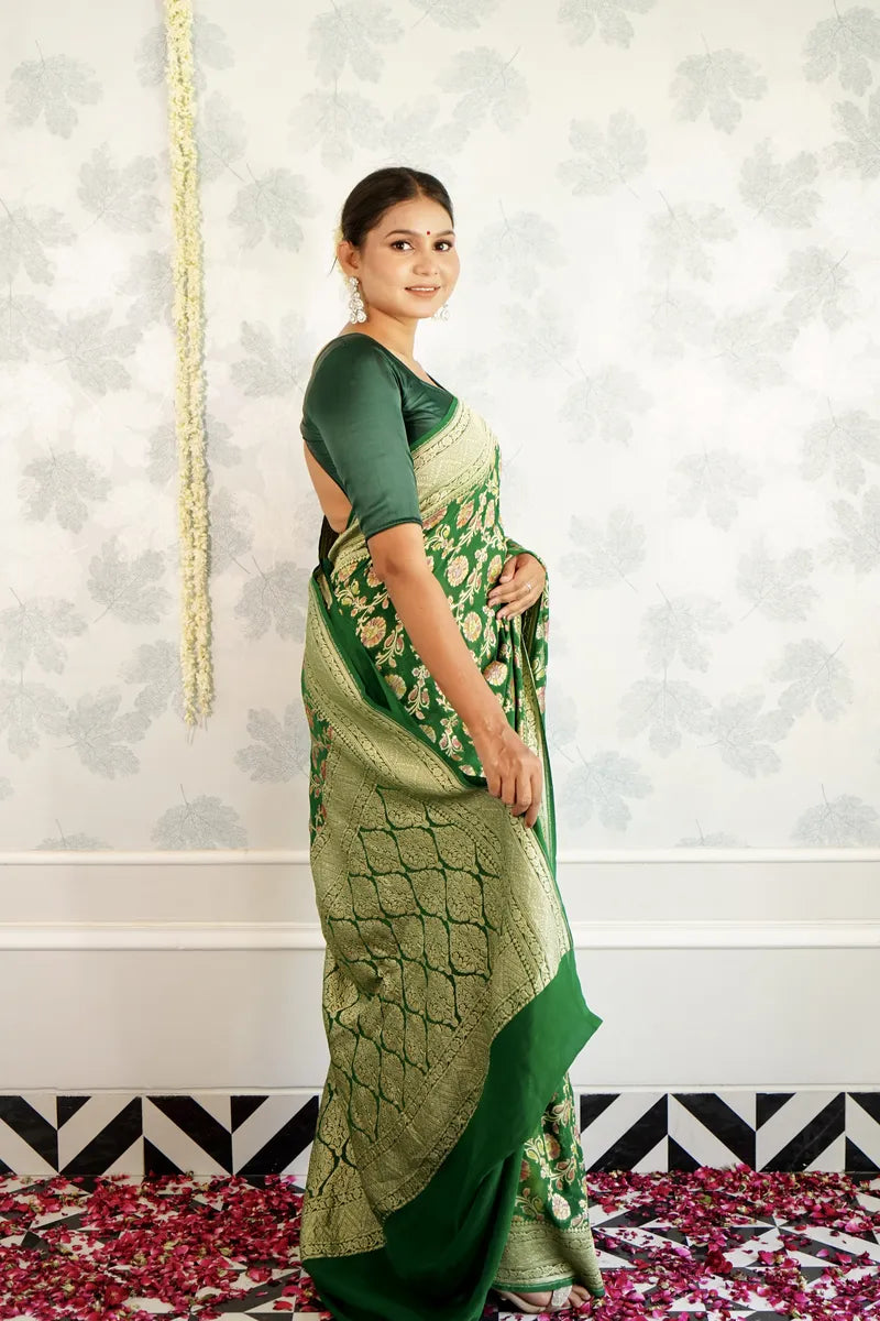 BOTTLE GREEN COLOR PURE HANDLOOM KHADDI SILK SAREE