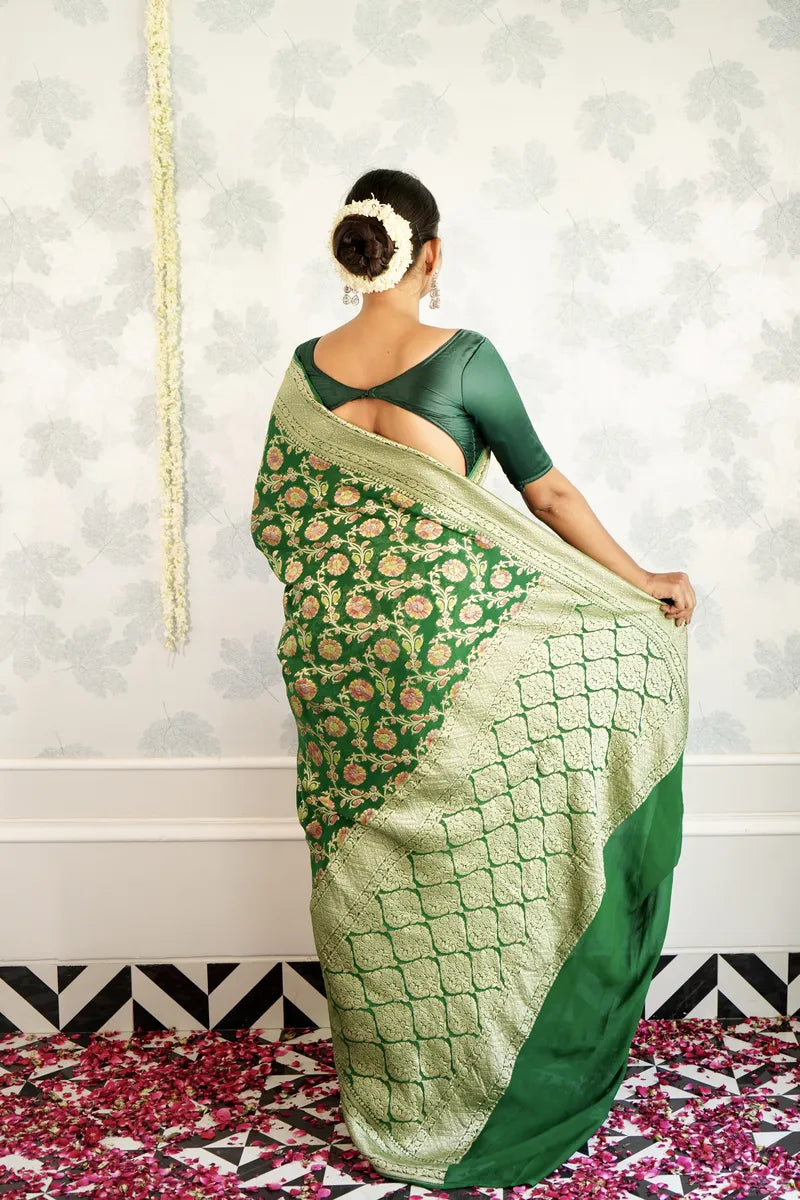 BOTTLE GREEN COLOR PURE HANDLOOM KHADDI SILK SAREE