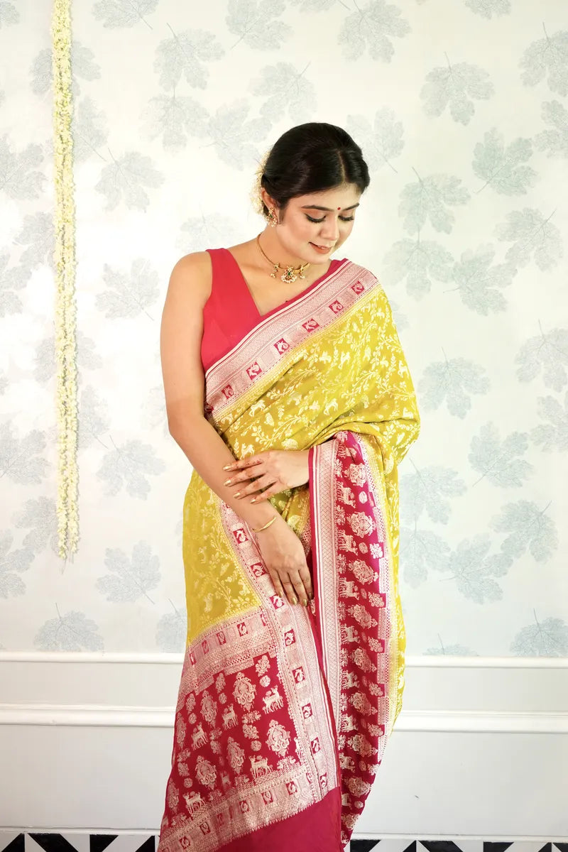 SHADE OF YELLOW COLOR PURE HANDLOOM KHADDI SILK SAREE