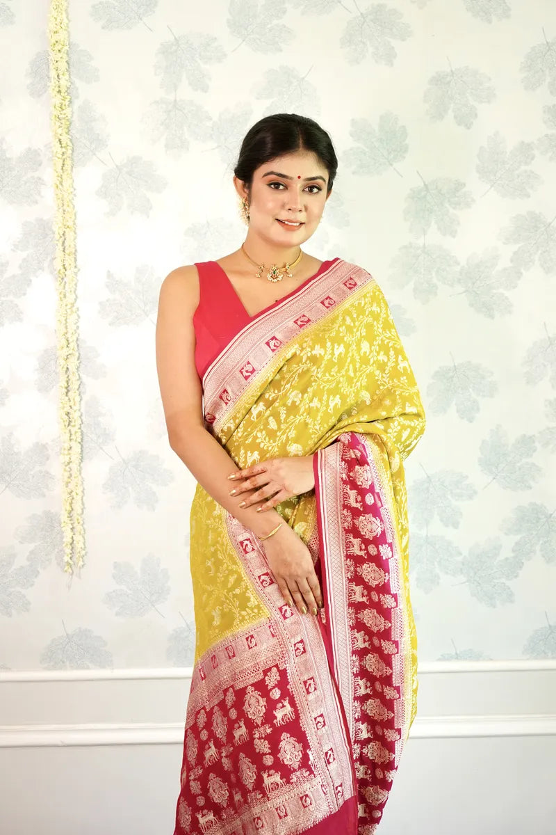 SHADE OF YELLOW COLOR PURE HANDLOOM KHADDI SILK SAREE