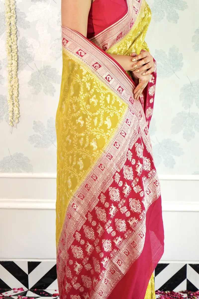 SHADE OF YELLOW COLOR PURE HANDLOOM KHADDI SILK SAREE