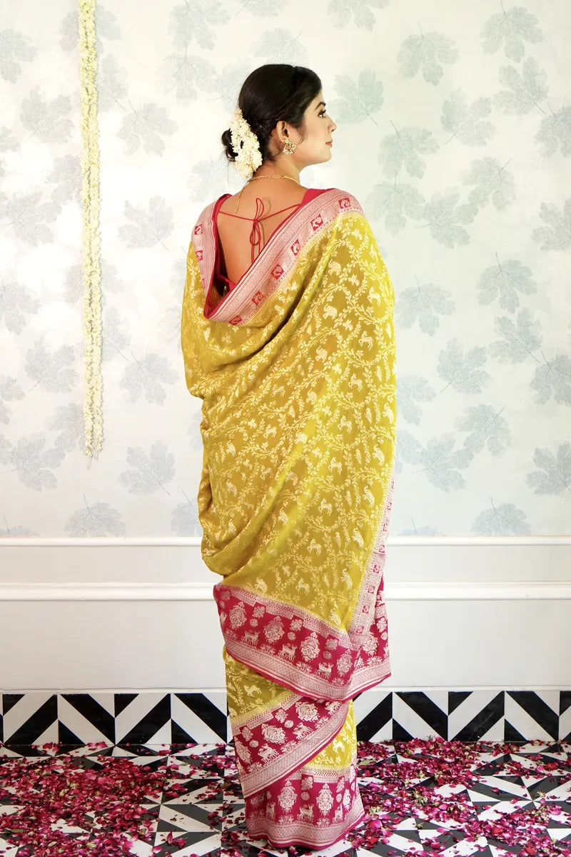 SHADE OF YELLOW COLOR PURE HANDLOOM KHADDI SILK SAREE
