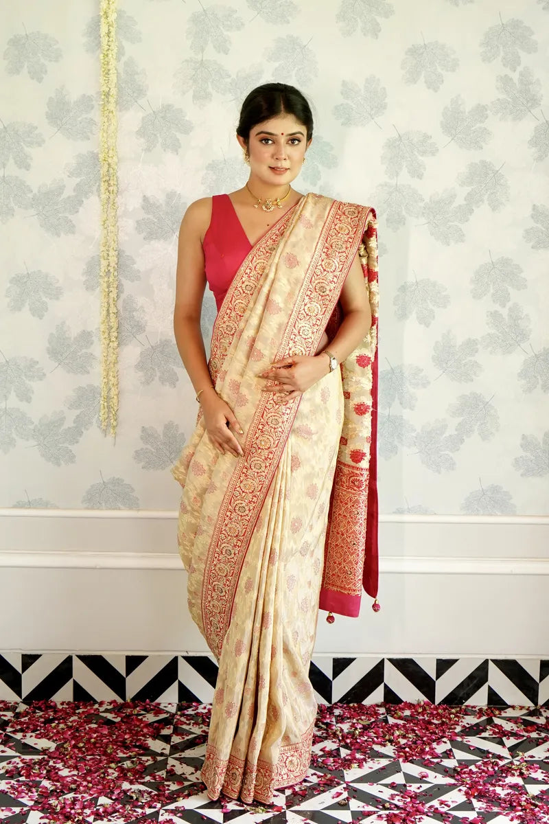 CREME COLOR ORGANZA SILK SAREE
