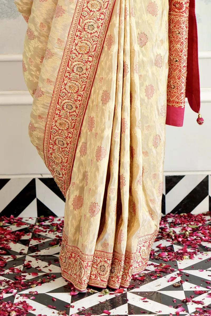 CREME COLOR ORGANZA SILK SAREE