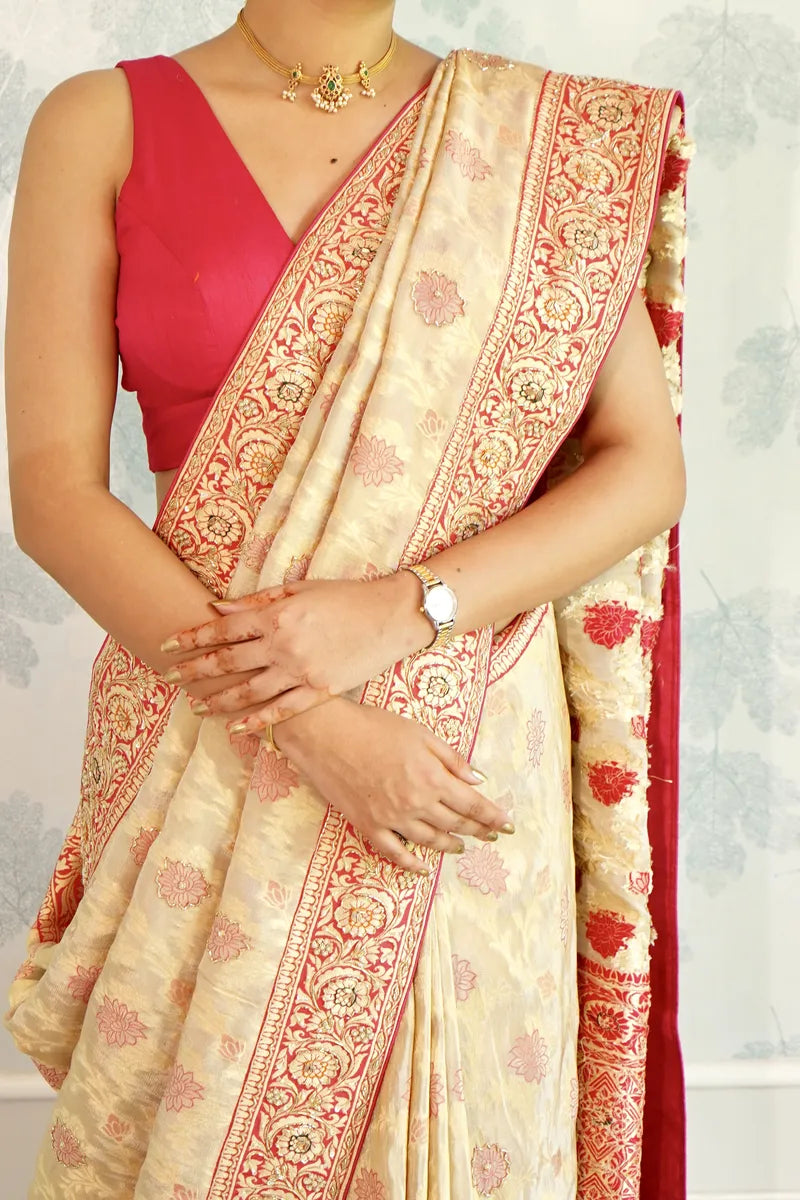 CREME COLOR ORGANZA SILK SAREE