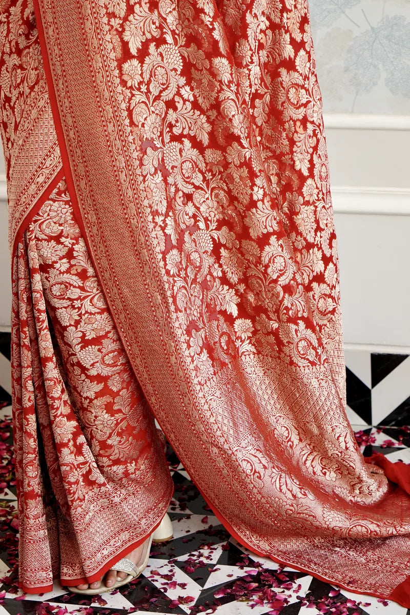 RED COLOR PURE HANDLOOM KHADDI SILK SAREE