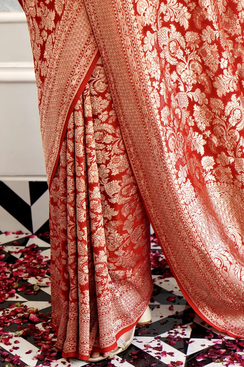 RED COLOR PURE HANDLOOM KHADDI SILK SAREE