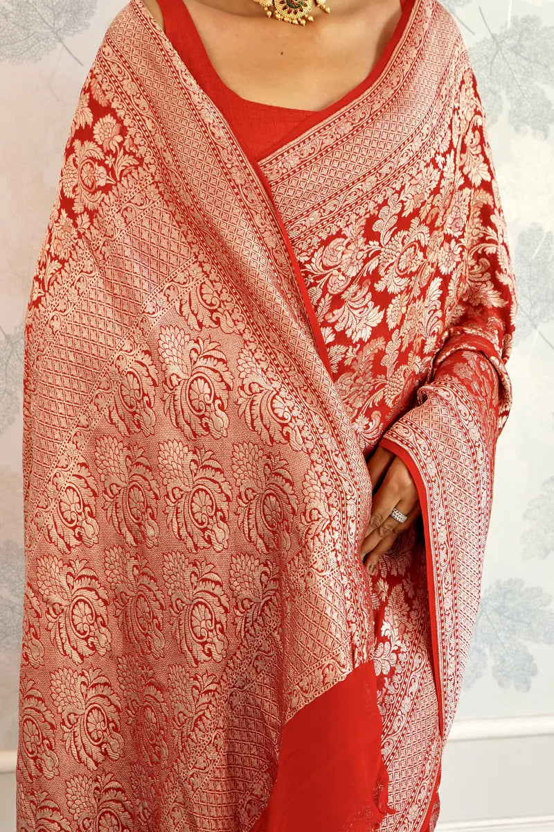 RED COLOR PURE HANDLOOM KHADDI SILK SAREE