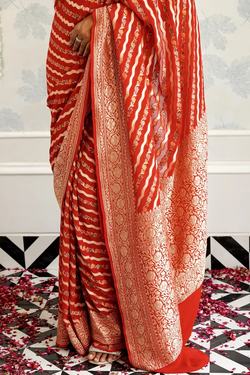 RED COLOR PURE HANDLOOM KHADDI SILK SAREE