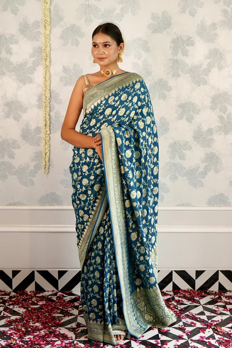 BLUE COLOR PURE HANDLOOM KHADDI SILK SAREE