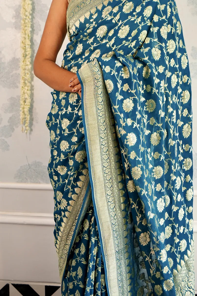 BLUE COLOR PURE HANDLOOM KHADDI SILK SAREE