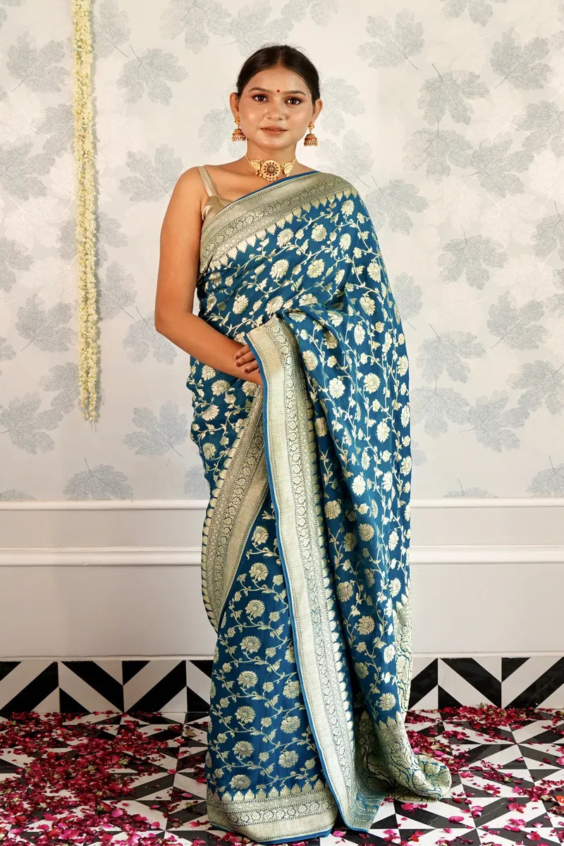 BLUE COLOR PURE HANDLOOM KHADDI SILK SAREE