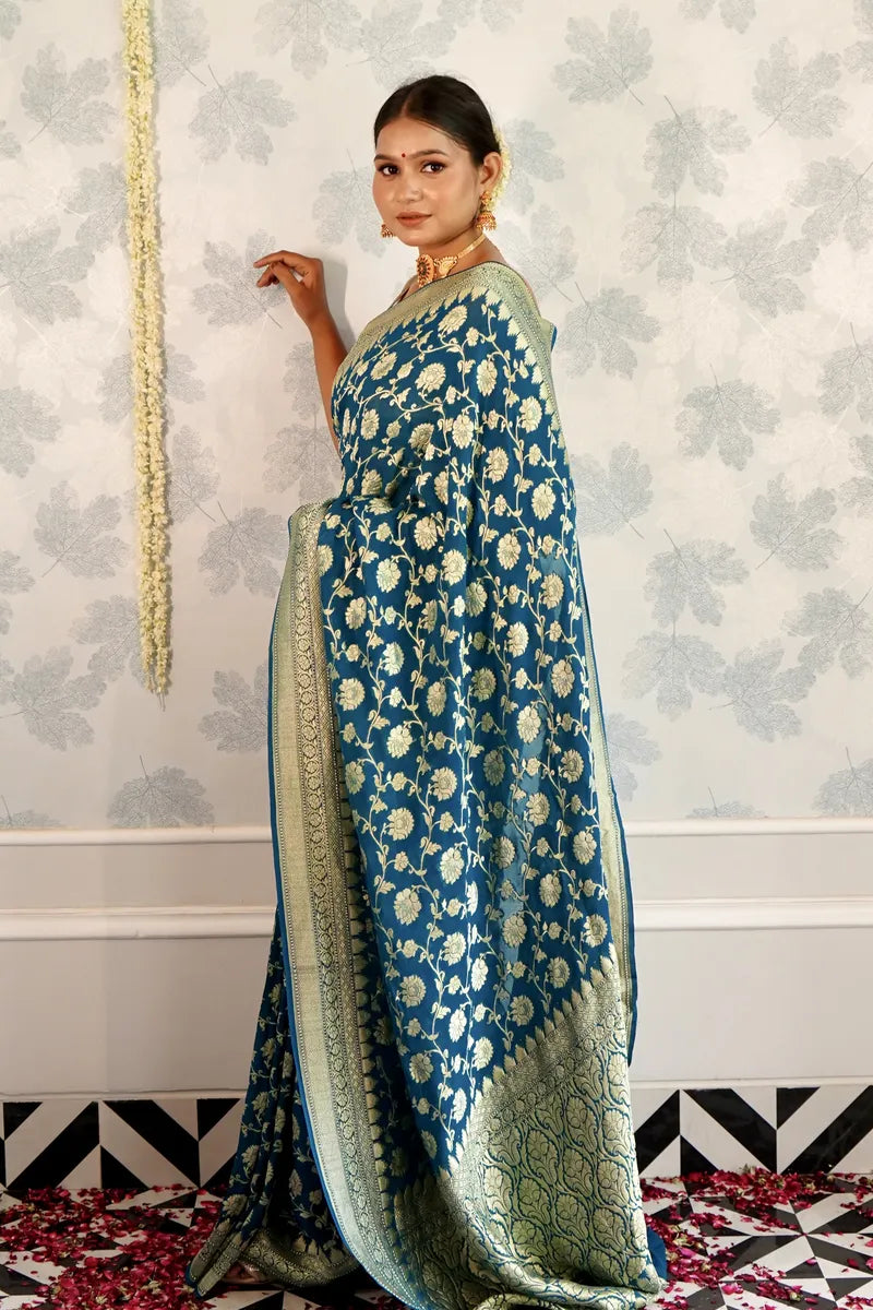 BLUE COLOR PURE HANDLOOM KHADDI SILK SAREE
