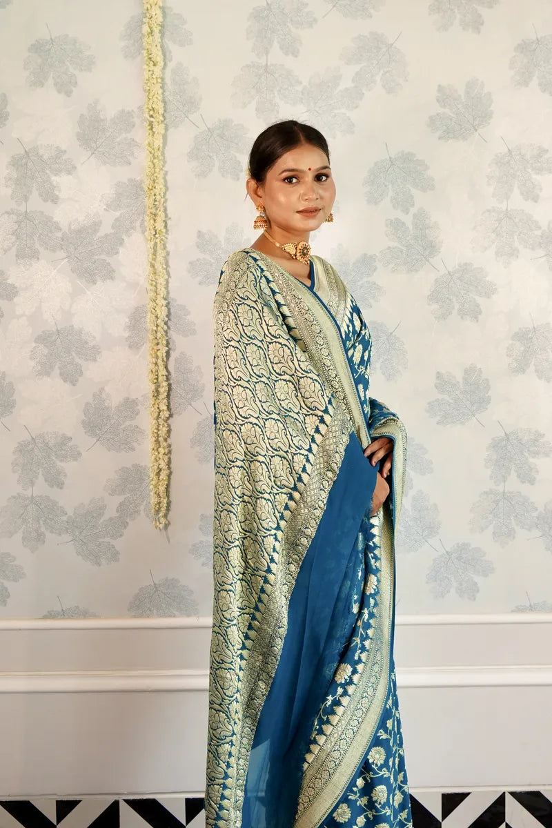 BLUE COLOR PURE HANDLOOM KHADDI SILK SAREE