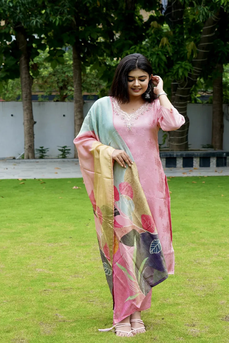BABY PINK COLOR V NECK KURTI SET