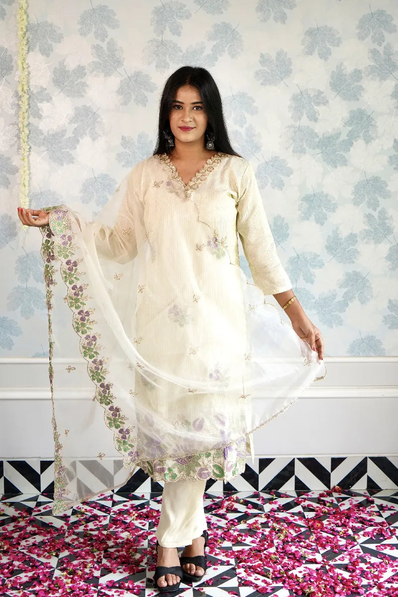 CHANDNI CHARM - HAND EMBROIDERED TISSUE KURTI SET