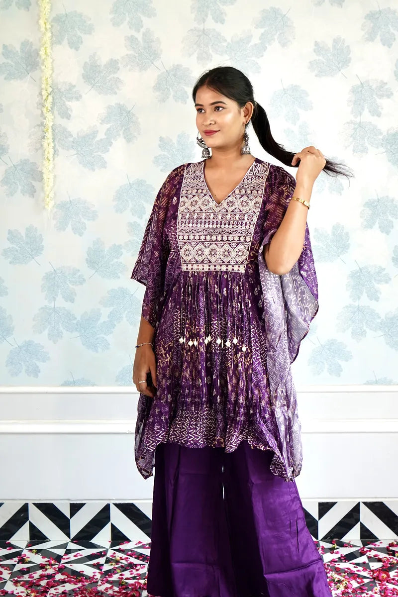"ROYAL RADIANCE: PURPLE PRINTED KAFTAN CO-ORD SET"