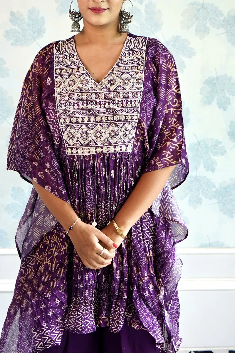 "ROYAL RADIANCE: PURPLE PRINTED KAFTAN CO-ORD SET"