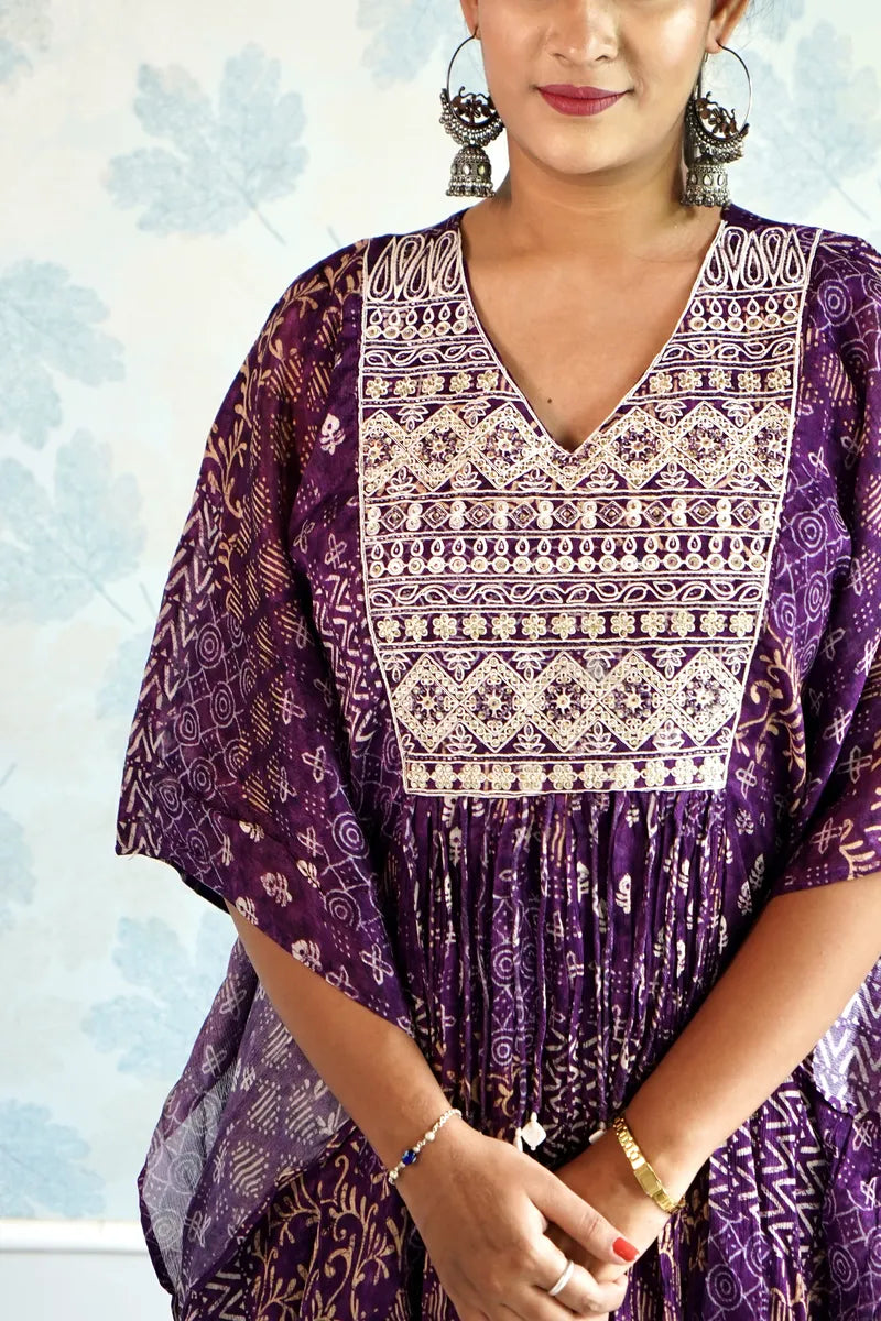 "ROYAL RADIANCE: PURPLE PRINTED KAFTAN CO-ORD SET"