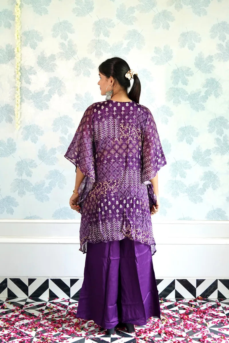 "ROYAL RADIANCE: PURPLE PRINTED KAFTAN CO-ORD SET"