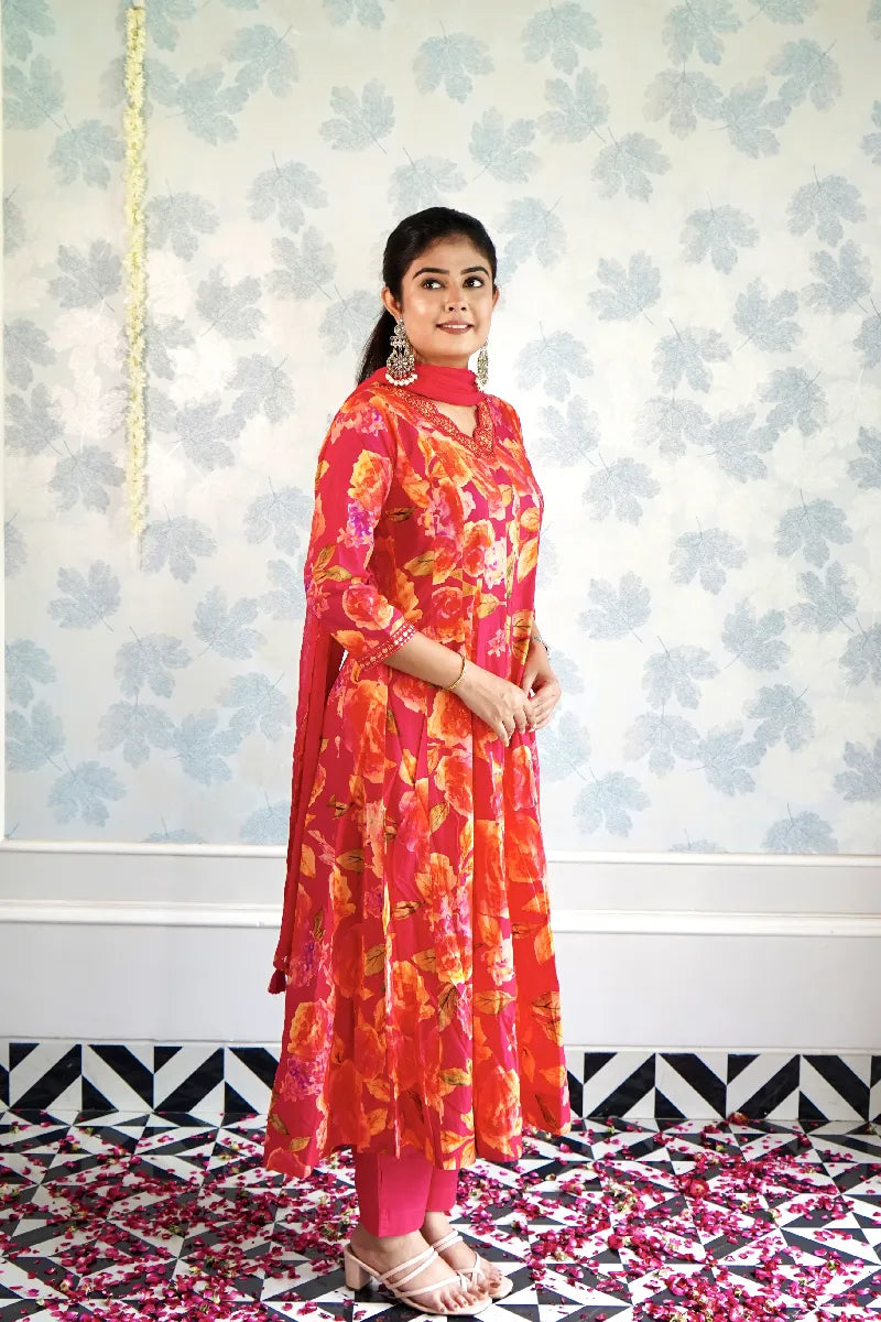 ANAARKALI PINK COLOR FLORAL SUIT SET