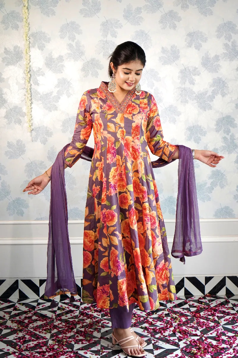 ANAARKALI LAVENDOR COLOR FLORAL SUIT SET