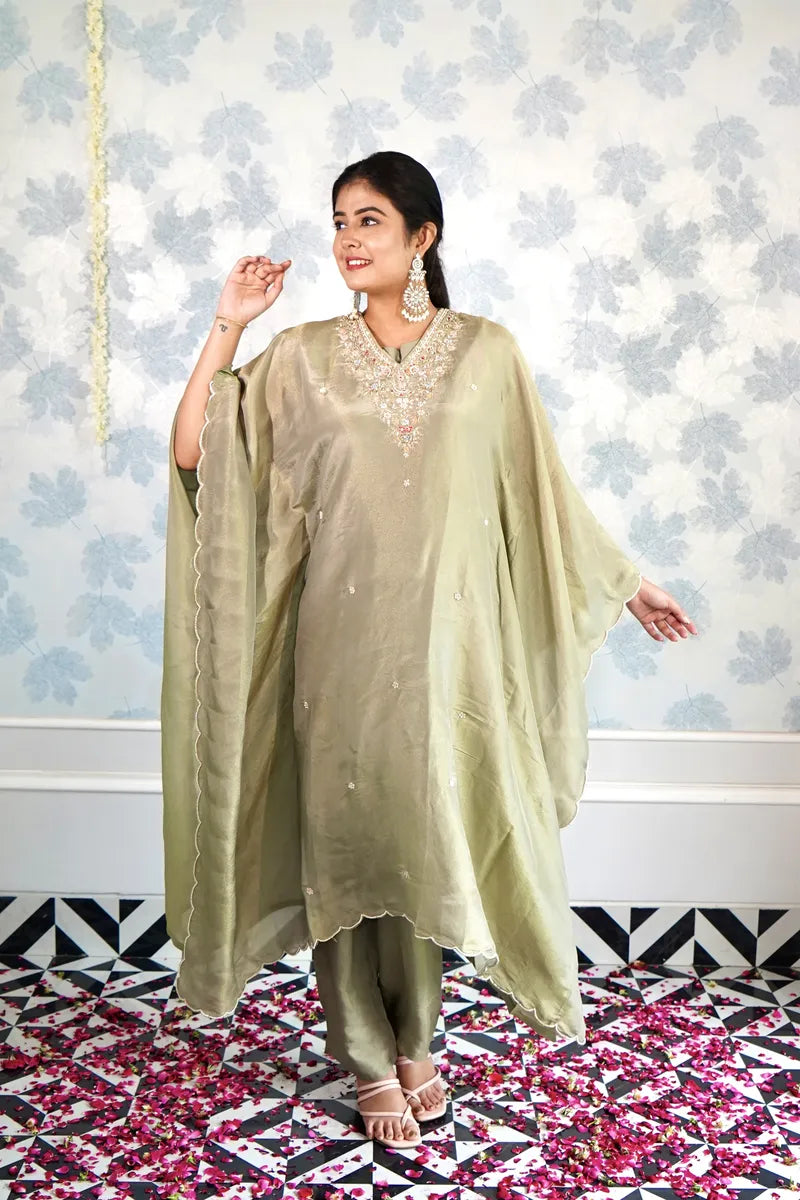 MEADOW MUSE: ETHEREAL OLIVE KAFTAN SET