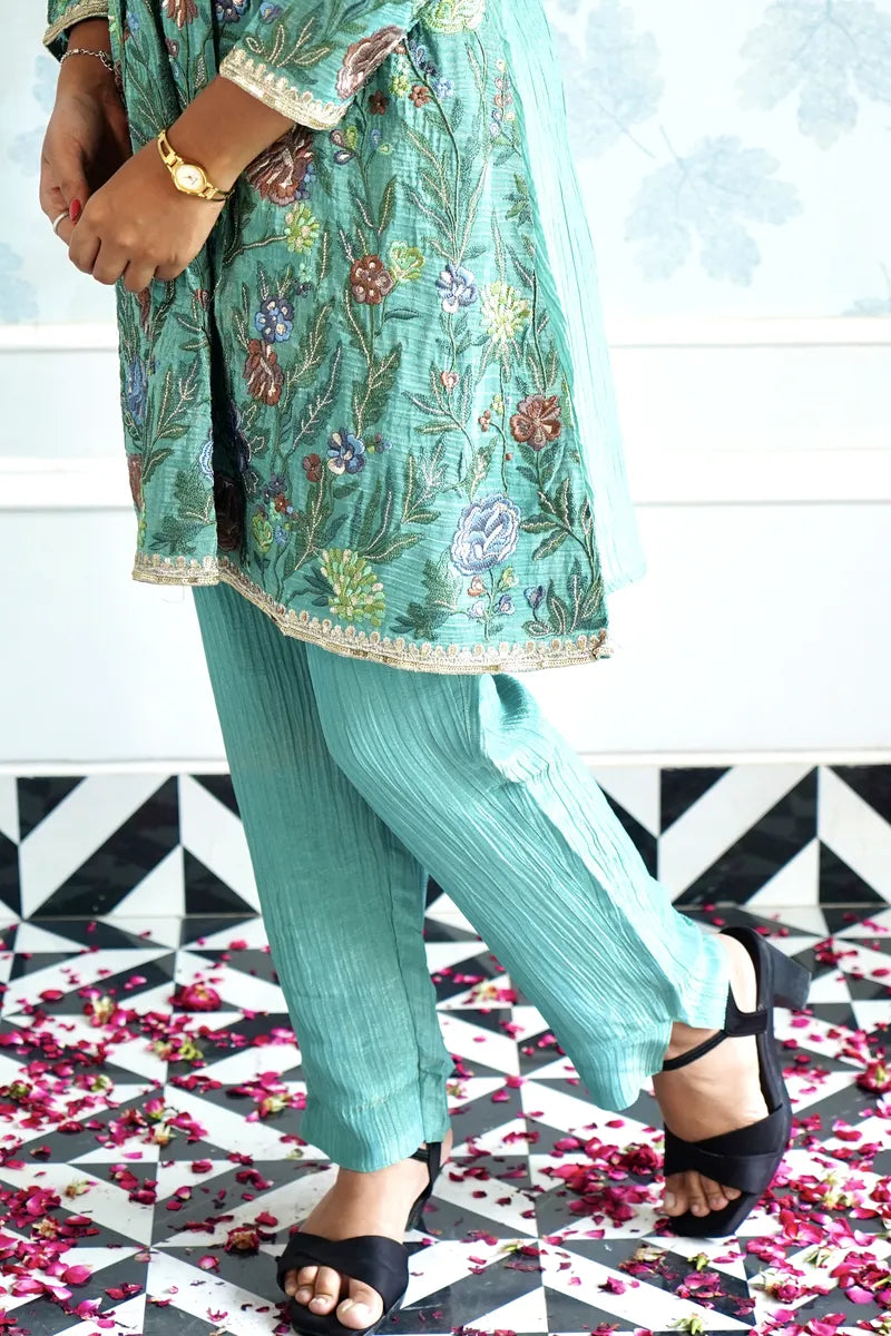 MEADOW MIST EMBROIDERED KURTA SET IN TEAL GREEN