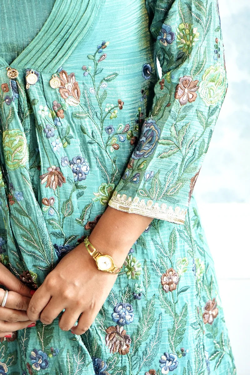MEADOW MIST EMBROIDERED KURTA SET IN TEAL GREEN