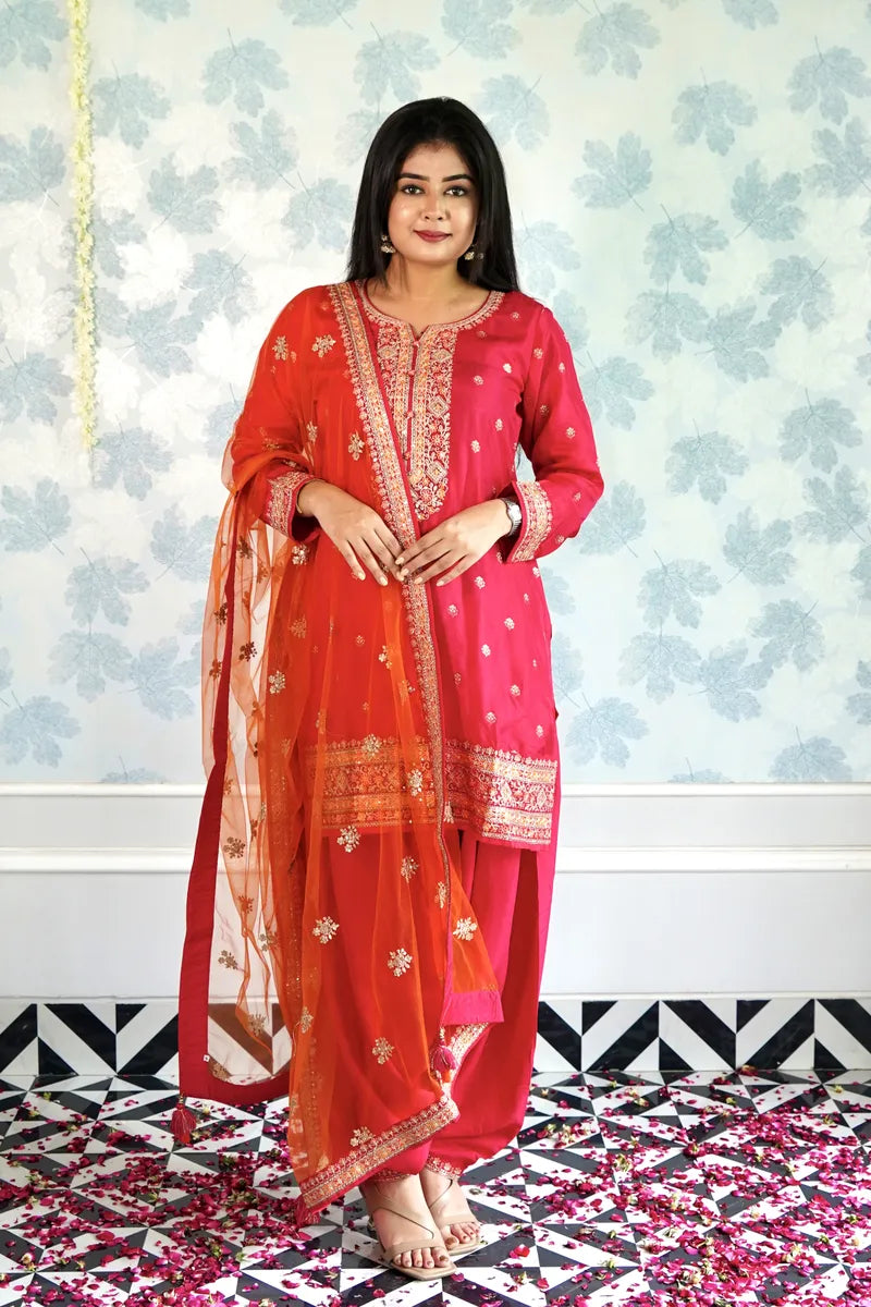 "FESTIVE RADIANCE – RED PATIALA WITH EMBROIDERED ORANGE DUPATTA"