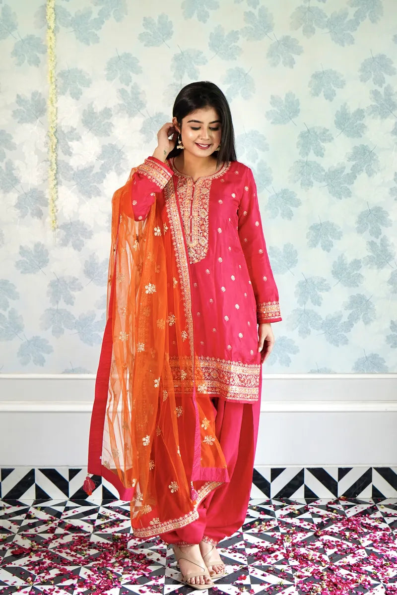 "FESTIVE RADIANCE – RED PATIALA WITH EMBROIDERED ORANGE DUPATTA"