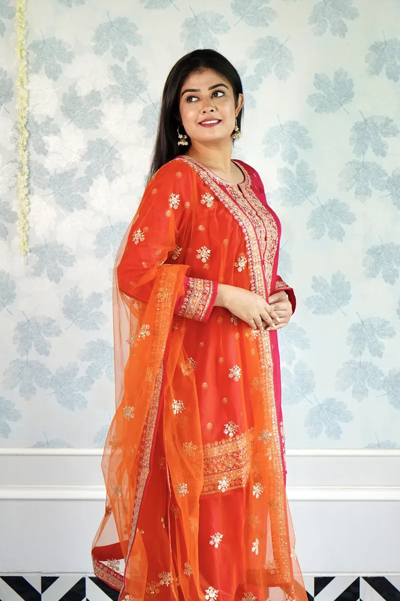 "FESTIVE RADIANCE – RED PATIALA WITH EMBROIDERED ORANGE DUPATTA"