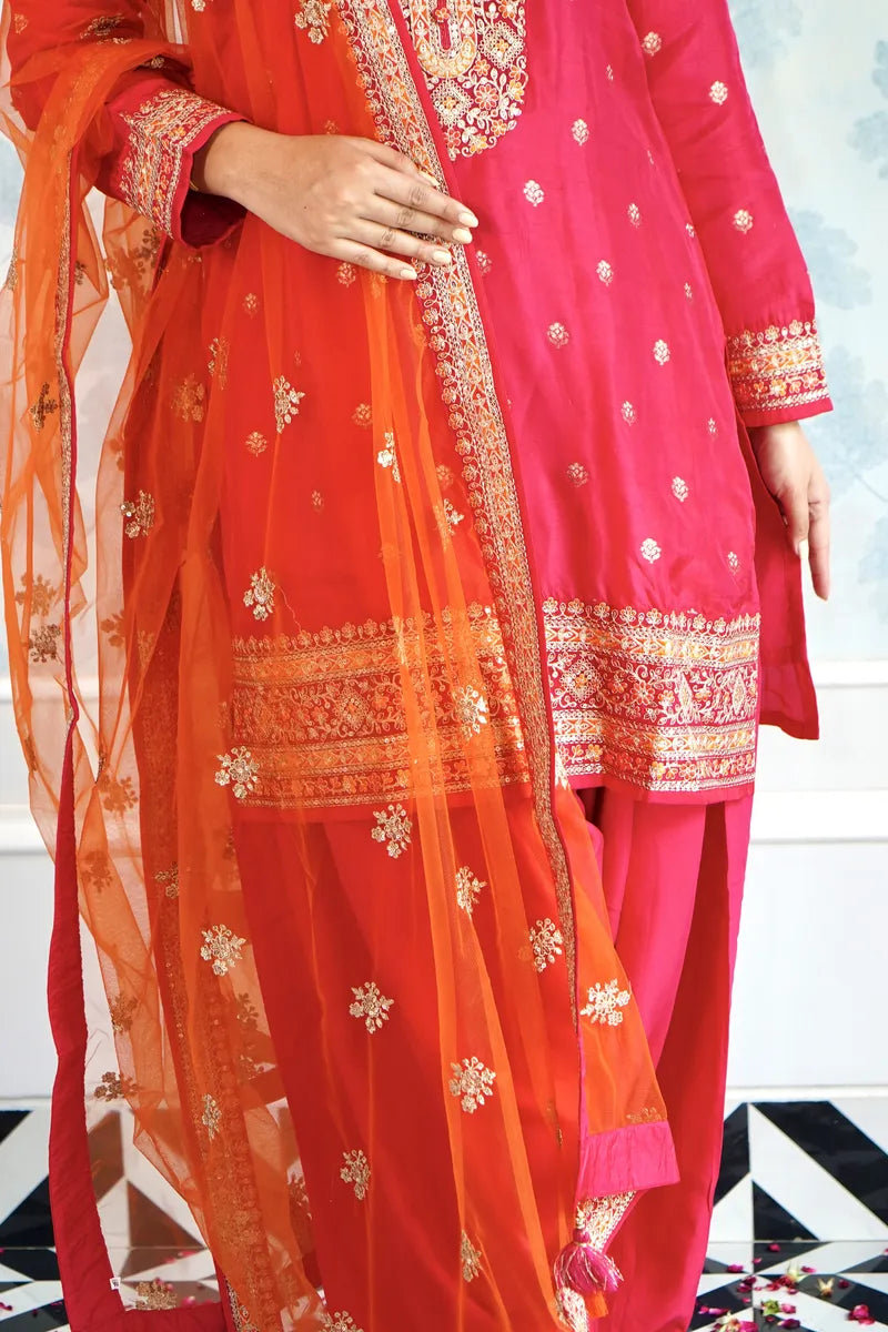"FESTIVE RADIANCE – RED PATIALA WITH EMBROIDERED ORANGE DUPATTA"