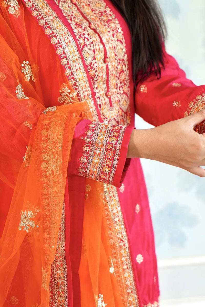 "FESTIVE RADIANCE – RED PATIALA WITH EMBROIDERED ORANGE DUPATTA"