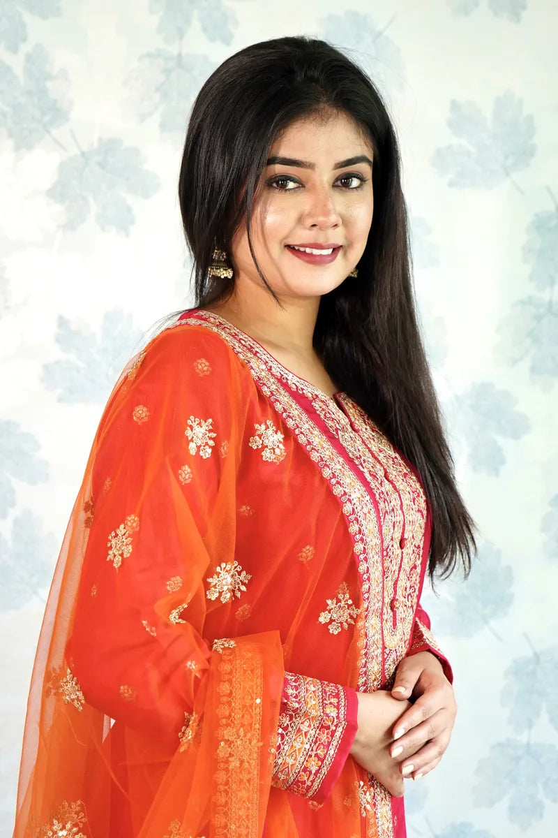 "FESTIVE RADIANCE – RED PATIALA WITH EMBROIDERED ORANGE DUPATTA"