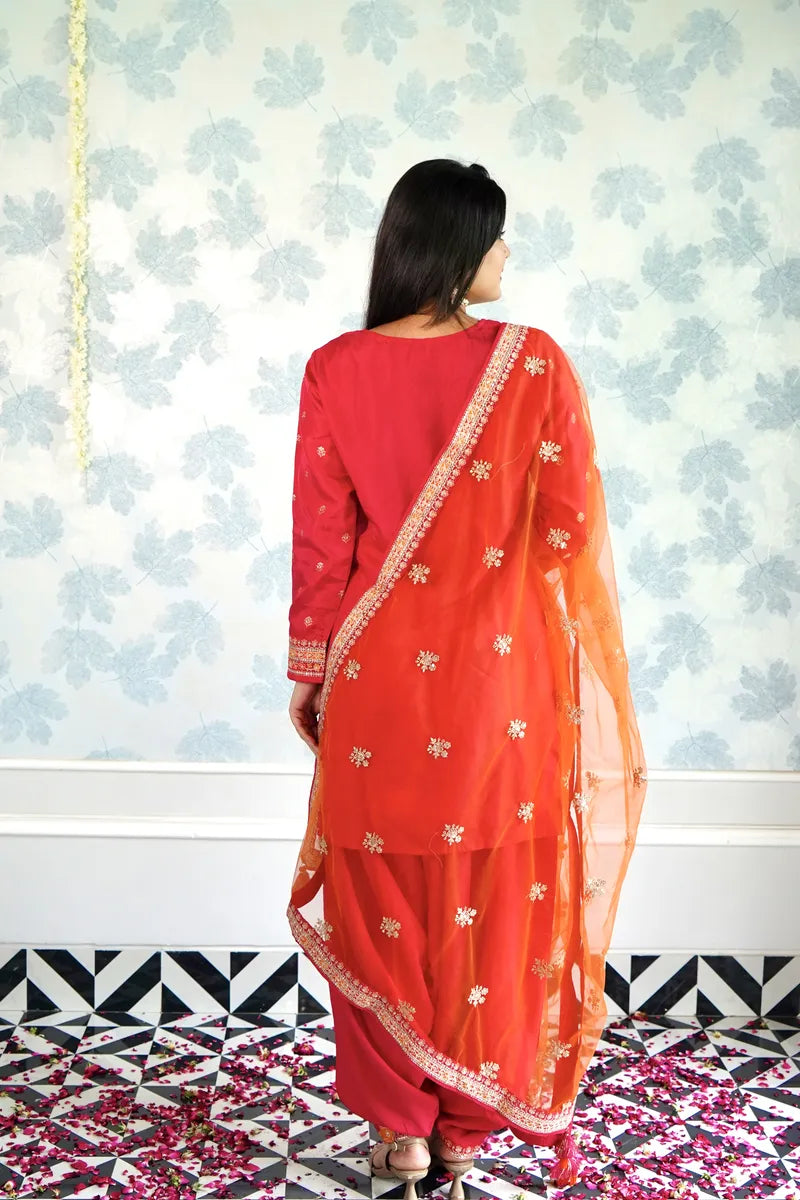 "FESTIVE RADIANCE – RED PATIALA WITH EMBROIDERED ORANGE DUPATTA"