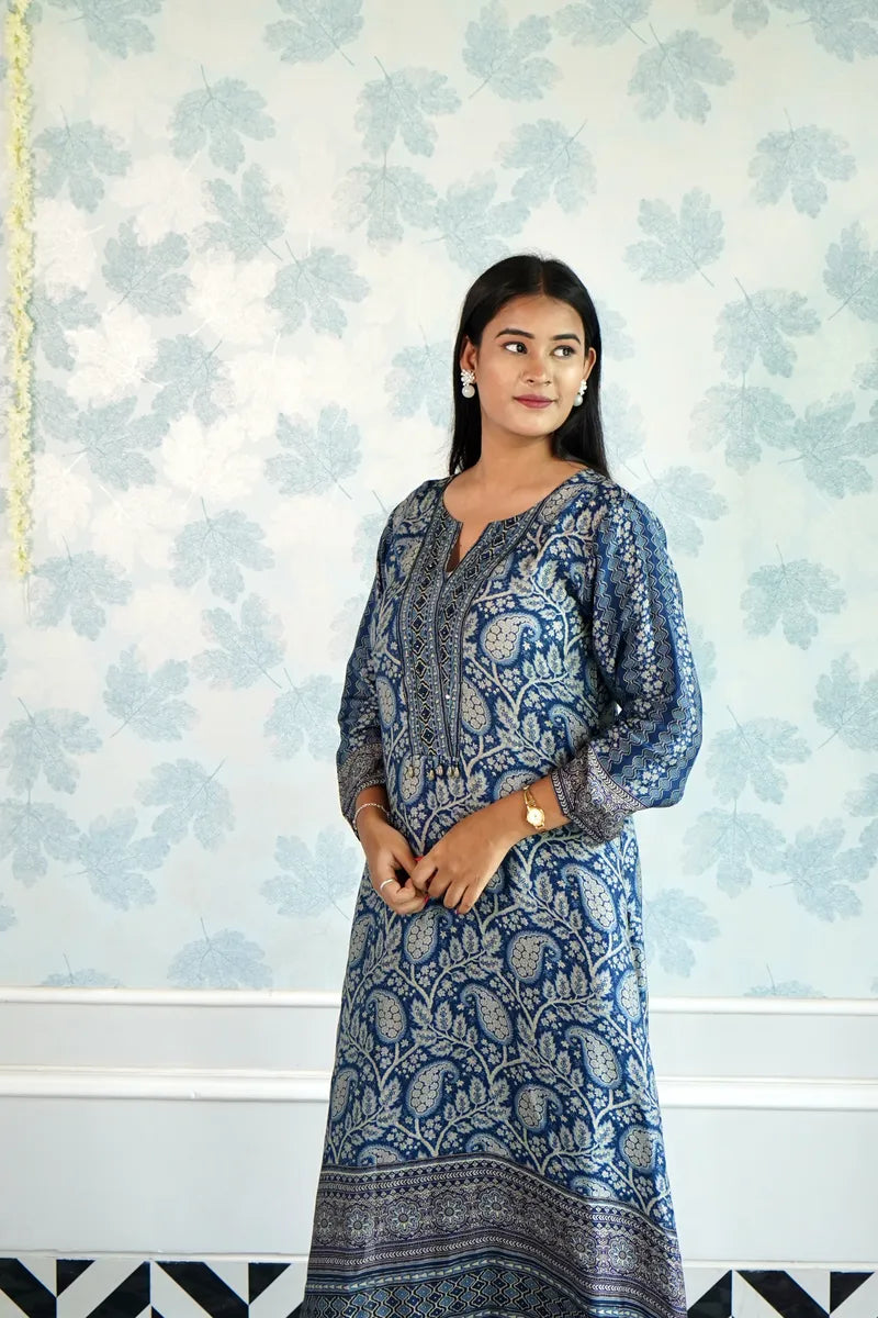 ROYAL INDIGO PAISLEY KURTA SET WITH HANDBLOCK PRINT