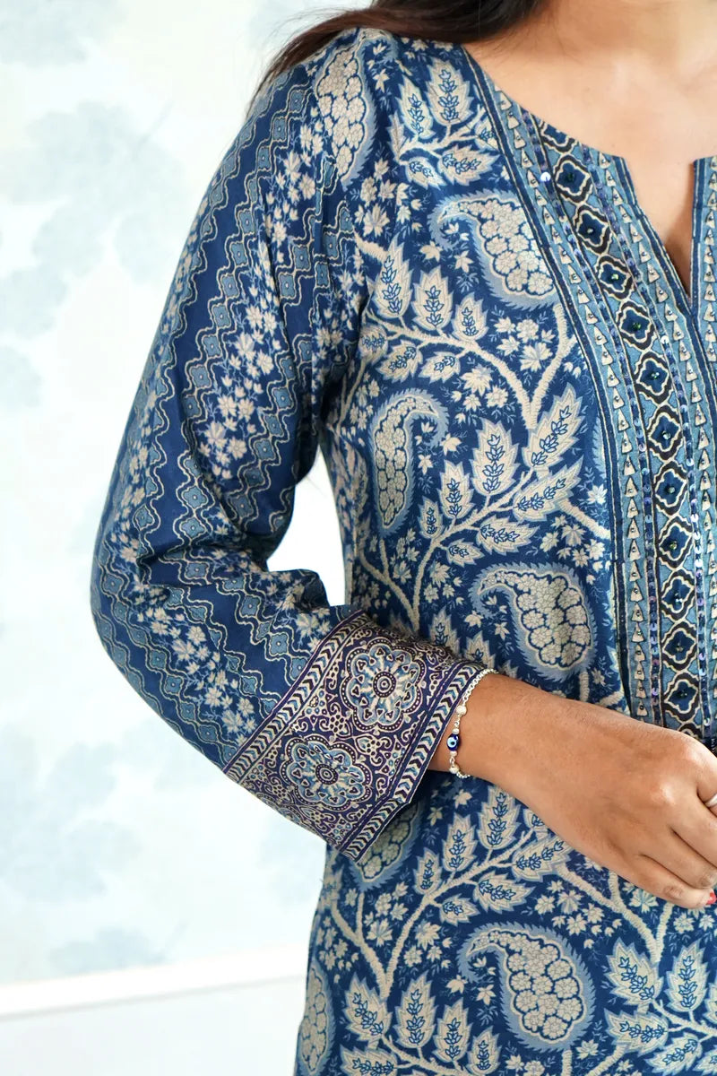 ROYAL INDIGO PAISLEY KURTA SET WITH HANDBLOCK PRINT