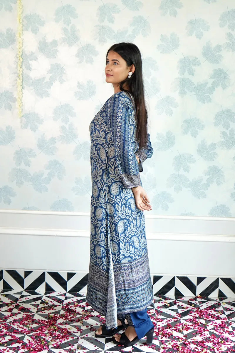ROYAL INDIGO PAISLEY KURTA SET WITH HANDBLOCK PRINT