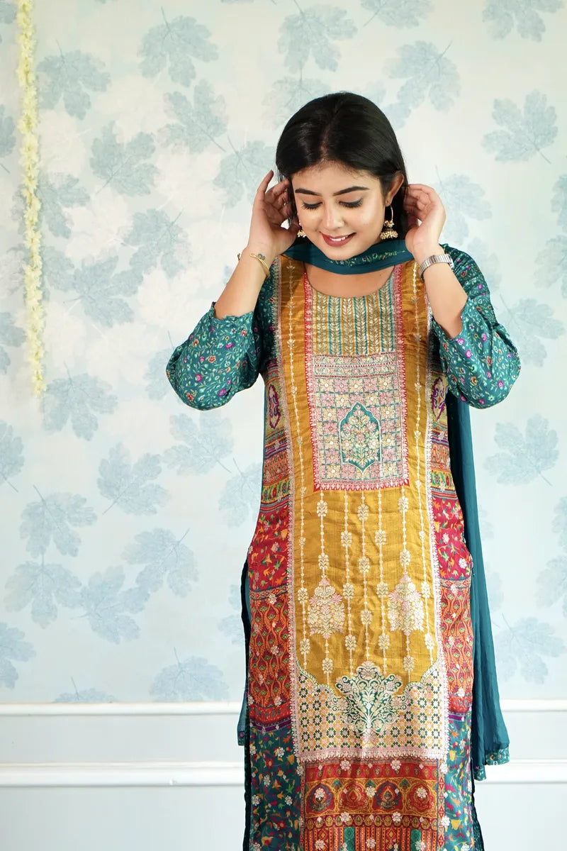 "THE ROYAL EDIT – BANARASI SILK SUIT WITH ORNATE DETAILING"