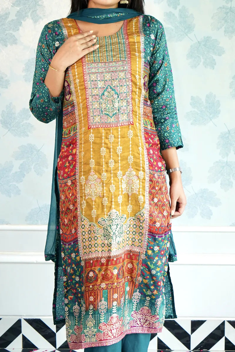 "THE ROYAL EDIT – BANARASI SILK SUIT WITH ORNATE DETAILING"