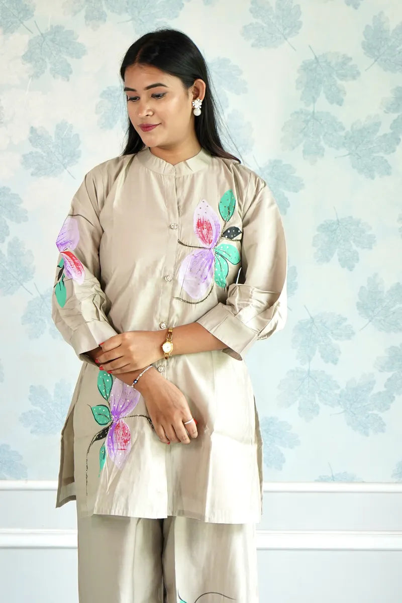 BLOSSOM BEIGE CO-ORD SET WITH HAND-PAINTED FLORAL ACCENTS